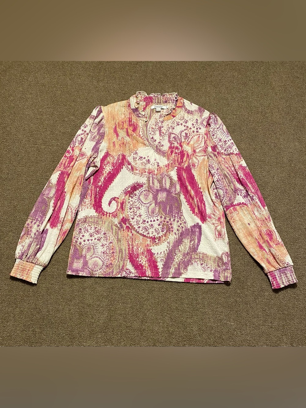 Chico's Pink, Purple & Cream Paisley Ruffle-Neck Long Size 0/Small